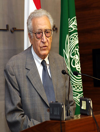 A handout picture released by the Lebanese photo agency Dalati and Nohra shows United-Nations Envoy to Syria Lakhdar Brahimi speaking during a joint press conference n Beirut on October 17, 2012. (AFP)