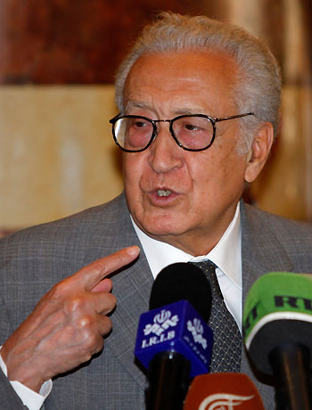 U.N.-Arab League peace envoy for Syria Brahimi speaks during a news conference in Damascus. (Reuters)