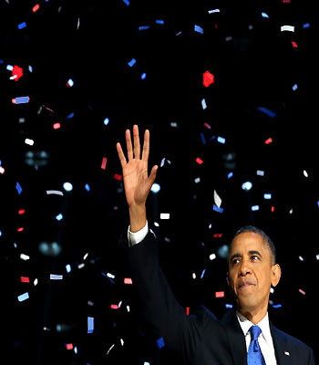 U.S. President Barack Obama waves to supporters after his victory speech at McCormick Place on election night November 6, 2012 in Chicago, Illinois.(AFP)