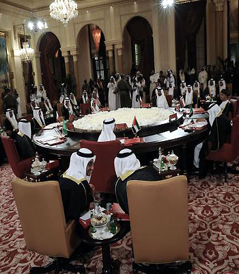 Gulf Cooperation Council (GCC) leaders attend the opening of the six Gulf Cooperation Council states on the eve of the annual GCC summit at the Sakhir Palace in Manama. (AFP)