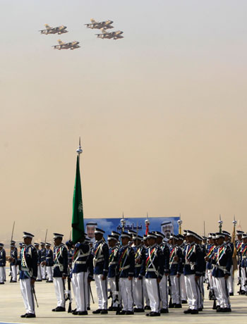 Royal Saudi Air Force jets fly in formation over a graduation ceremony at King Faisal Air Academy in Riyadh January 1, 2013. (Reuters)