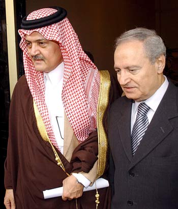 Syrian Foreign Minister Farouk al-Sharaa (R) and his Saudi counterpart Saud al-Faisal after a meeting in Damascus (EPA)