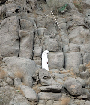 A Muslim pilgrim prays at the summit of mount in Mena at sunrise, 12 January, 2006 (EPA)