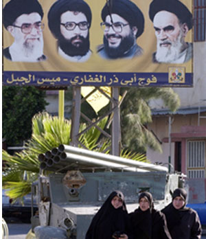 Banner of Hezbollah leaders and Ayatollahs in Bint Jbeil