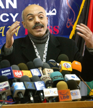 Samir Mashharawi, a Fatah candidate for the upcoming Palestinian elections talks during a news conference in Gaza City, Wednesday Jan. 18, 2006 (AP)