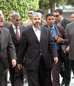 Khaled Meshaal, leader of the Palestinian group Hamas, which swept Palestinian elections last month, arrives for a meeting with Arab League Secretary General Amr Moussa (not pictured) in Cairo, 07 February 2006 (EPA)
