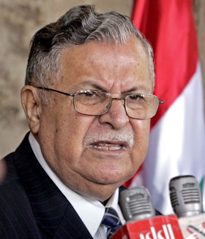Iraqi President Jalal Talabani gestures as he speaks to the press following his meeting with General John Abizaid, the head of US Central Command in Baghdad, 04 March 2006 (EPA)
