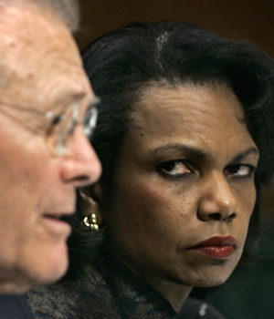 US Secretary of State Condoleezza Rice (R) listens as US Secretary of Defense Donald Rumsfeld (L) testifies during a Senate Appropriations Committee hearing, 09 March 2006 on Capitol Hill in Washington (AFP)