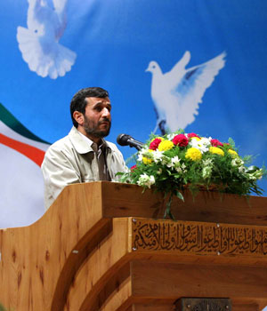 Iran's hard-line President Mahmoud Ahmadinejad speaks in Mashhad, Iran's holiest city, April 11, 2006 (AP)