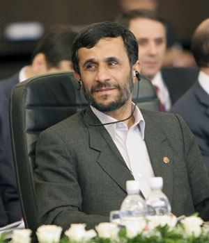 Iranian President Mahmoud Ahmadinejad seen at a summit of the the Economic Cooperation Organization in Baku, Azerbaijan, May 5, 2006 (AP)