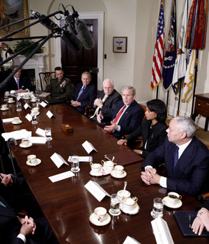 U.S. President George W. Bush speaks during a meeting about the situation in Iraq with current and former U.S. secretaries of state and defense at the White House in Washington May 12, 2006 (REUTERS)