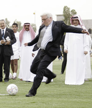 German Foreign Minister Frank-Walter Steinmeier kicks a football at the Prince Faisal Bin Fahd olypmic complex in Riyadh yesterday during his visit to Saudi Arabia (Photo by Iqbal Hussein)