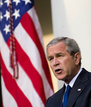 US President George W. Bush makes a statement on the death of Iraq's terrorist leader Abu Musab Al-Zarqawi in the Rose Garden of the White House in Washington, DC 08 June 2006 (AFP)