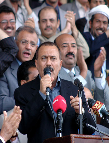 Yemeni President Ali Abdullah Sale talks to his supporters (AP)