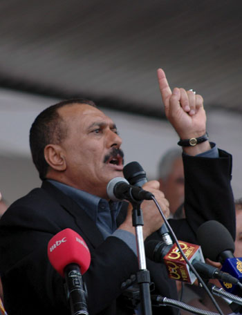 Yemeni President Ali Abdullah Saleh gestures as he speaks to thousands of his supports during a rally in the capital Sanna (EPA)