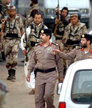 Saudi security forces patrol the site on the outskirts of Mecca, Saudi Arabia, where they killed two suspected terrorists Tuesday, June 21, 2005, accused of murdering a senior Saudi security official in Mecca three days ago (AP)