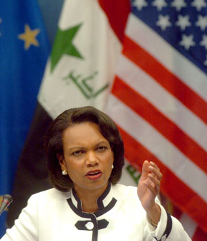US Secretary of State Condoleezza Rice gestures during a news conference at the end of the international conference on Iraq, at the EU Council, 22 June 2005, in Brussels (EPA)