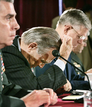 U.S. Secretary of Defense Donald Rumsfeld listens to a question during a Senate Armed Services Committee hearing on the U.S. military strategy in Iraq on Capitol Hill, June 23, 2005 (REUTERS)