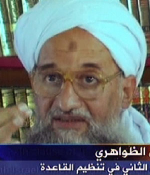 A grab taken from a video produced by al-Qaeda-linked media group as-Sahab and broadcast by the Qatar-based satellite channel Al-Jazeera 11 September 2006 shows the number two in al-Qaeda, Ayman al-Zawahiri, speaking in an undisclosed date and place (AFP)