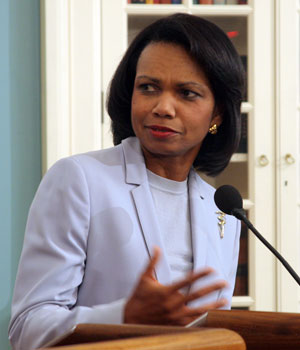 US Secretary of State Condoleezza Rice looks over at Israeli Foreign Minister Tzipi Livni (unseen) as she speaks during a press conference following talks at the State Department in Washington, 13 September 2006 (AFP)