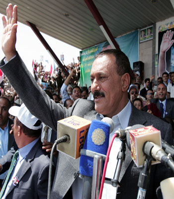 Yemeni President Ali Abdullah Saleh gives a speech during an electoral campaign gathering at a football stadium in the town Dhamar (AFP)
