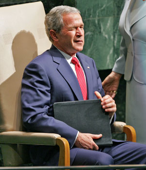 President Bush winks following his address to the 61st session of the United Nations General Assembly at U.N. headquarters, Sept. 19, 2006 (AP)