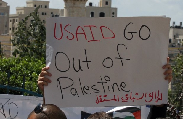 Palestinians hold placards bearing anti- US and USAID slogans during a protest against US policies in the West Bank city of Ramallah on September 10, 2011. Source: ABBAS MOMANI/AFP/Getty Images