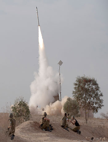 In this Nov. 17, 2012 file photo an Israeli Iron Dome missile is launched near the city of Be'er Sheva, southern Israel, to intercept a rocket fired from Gaza. (AP)