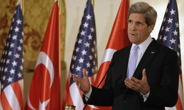 U.S. Secretary of State John Kerry (L) speaks during a news conference with Turkish Foreign Minister Ahmet Davutoglu (not pictured) at Ankara Palace in Ankara, March 1, 2013. REUTERS/Jacquelyn Martin/Pool