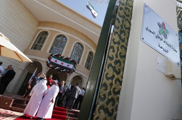 A general view shows the exterior of the first embassy of the Syrian interim government, which opened in Qatar, during the inauguration ceremony in the capital, Doha, on March 27, 2013. (AFP PHOTO/KARIM SAHIB)