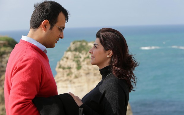 Kholoud Succariyeh (R) and Nidal Darwish, who got married in defiance of Lebanon’s ban on civil unions, pose for a picture next to Beirut’s landmark Pigeon Rocks on January 25 2013. Source: JOSEPH EID/AFP/Getty Images 