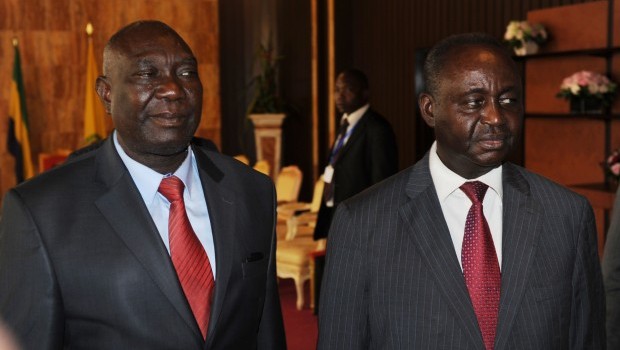 Central Africa's president Francois Bozize (right) stands next to Seleka rebel coalition chief Michel Djotodia (left) after talks in Libreville on January 11, 2013. Source: AFP Photo / Steve Jordan