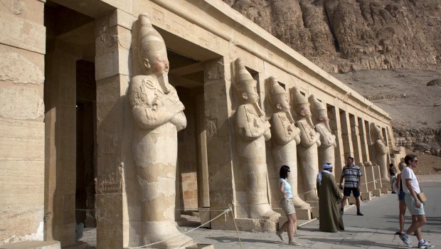 Foreign tourists visit the Hatshepsut Temple, in the ancient southern city of Luxor, Egypt. (AP Photo)