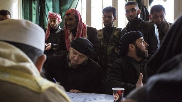 The headquarters of Jabhat Tahrir Syria Islamia (Freedom for Islamic Syria), where Aleppo residents undergo judicial procedures in accordance with Sharia law. (AAA photo)