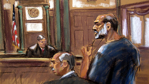 An artist sketch shows Suleiman Abu Ghaith appearing at the US District Court in Manhattan, New York City. (R)