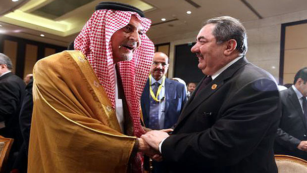Saudi Foreign Minister Prince Saud Al-Faisal and Iraqi Foreign Minister Hoshyar Zebari attend the Arab Foreign Ministers 139th annual meeting in Cairo, Egypt, 06 March 2013. (EPA)