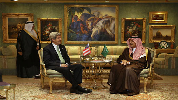 U.S. Secretary of State John Kerry, left, meets with Saudi Foreign Minister Prince Saud al-Faisal in his palace in Riyadh, Saudi Arabia. (AP)