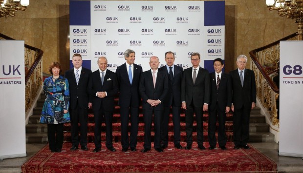 G8 Foreign Ministers pose for a photograph before the G8 Foreign Ministers Meeting at Lancaster House in central London. (REUTERS/Peter Macdiarmid/Pool)