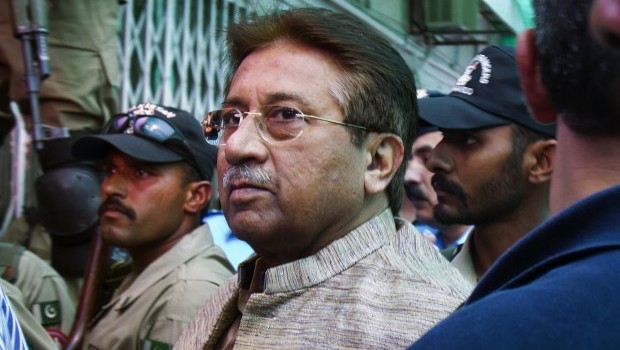 Pakistan's former President and military ruler Pervez Musharraf arrives at an anti-terrorism court in Islamabad, Pakistan on Saturday, April 20, 2013 (AP Photo/Anjum Naveed)