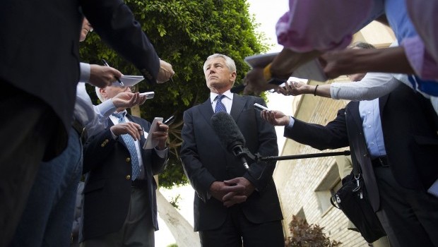 US Secretary of Defense Chuck Hagel speaks with reporters after meeting Egyptian President Mohamed Morsi and Egypt's Defence Minister Abdel Fattah al-Sisi in Cairo, April 24, 2013. REUTERS/Jim Watson/Pool
