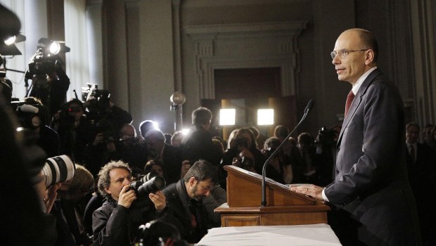 Italian Prime Minister Designate Enrico Letta (R) announces his cabinet list after a meeting with Italian President Giorgio Napolitano at the Quirinale Palace in Rome, Italy, 27 April 2013 (EPA/GIUSEPPE LAMI)