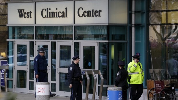 Police guard the entrance to Beth Israel Deaconess Medical Center, April 20, 2013, where Dzhokhar Tsarnaev is being treated. Source: AP Photo/Julio Cortez