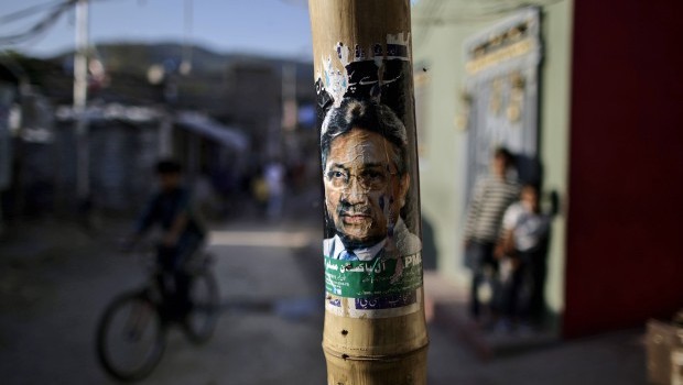 A poster of former Pakistani President Pervez Musharraf on a pole in a neighborhood in Islamabad, Pakistan, Friday, April 5, 2013. Source: AP Photo/Muhammed Muheisen