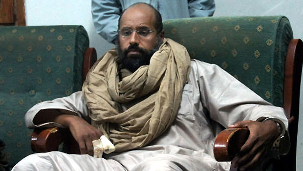 In this Saturday, Nov. 19, 2011 file photo, Saif al-Islam is seen after his capture in the custody of revolutionary fighters in Zintan, Libya. (AP)