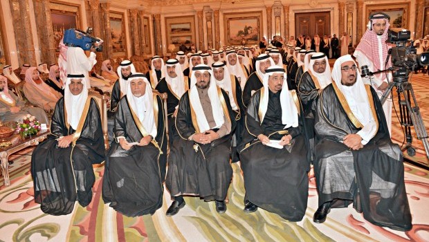 Members of the Shura Council attending the inauguration ceremony headed by King Abdullah at his palace in Riyadh in a February 19, 2013 handout image from the Saudi Press Agency. (AFP PHOTO/HO/SPA)