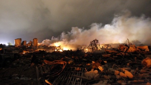 The remains of a fertilizer plant burn after an explosion at the plant in the town of West, near Waco, Texas, early April 18, 2013. Source: Reuters/Mike Stone