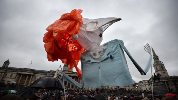 An effigy of late British former prime minister Margaret Thatcher is carried during an anti-Thatcher party celebrating her death in Trafalgar Square in central London on April 13, 2013. Source: AFP Photo/Ben Stansall