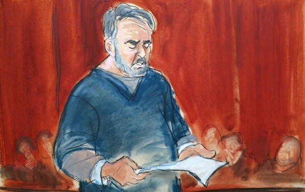 In this courtroom sketch, Manssor Arbabsiar, center, reads a statement Thursday, May 30, 2013, in Manhattan Federal Court, in New York before the judge sentenced the former used car salesman from Corpus Christi, Texas, to 25 years in prison in a failed conspiracy to kill the Saudi Arabian ambassador to the United States by bombing a Washington restaurant. (AP Photo/Elizabeth Williams)