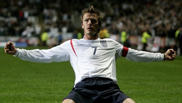 England's David Beckham celebrates his goal against Azerbaijan in their group six World Cup qualifying soccer match at St. James' Park in Newcastle in this March 30, 2005 file photo. Source: Reuters/Darren Staples