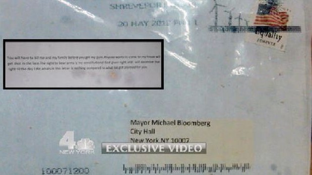 In this image taken from video and provided by WNBC-TV in New York, the envelope that contained the ricin tainted letter mailed to New York City Mayor Michael Bloomberg is shown. (AP Photo)